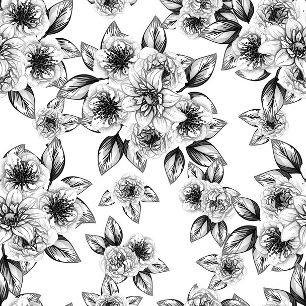 Seamless vintage style flower pattern. Floral elements in contour - Διάνυσμα, εικόνα