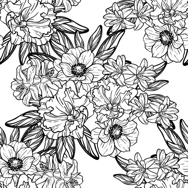 Seamless vintage style flower pattern. Floral elements in contour - ベクター画像