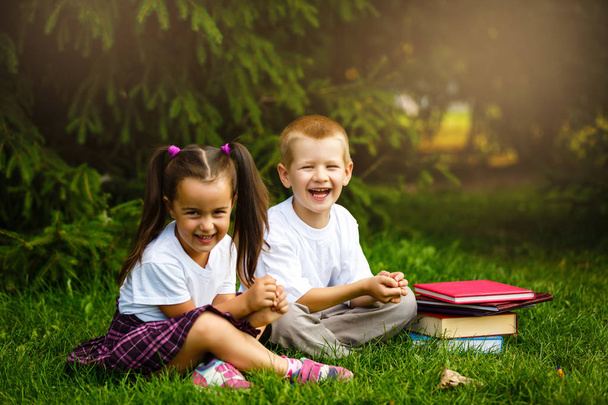 Deux enfants lisant des livres assis sur l'herbe verte dans le parc
 - Photo, image