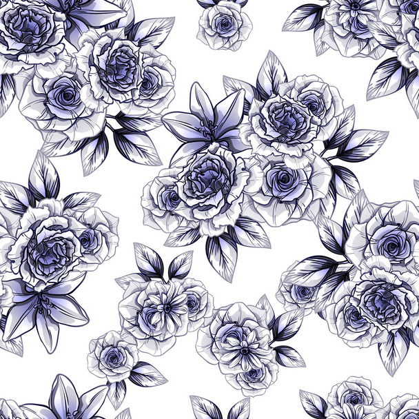 Seamless vintage style flower pattern. Floral elements in contour - Vecteur, image
