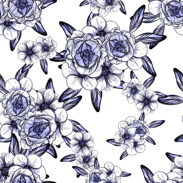 Seamless vintage style flower pattern. Floral elements in contour - Vektori, kuva