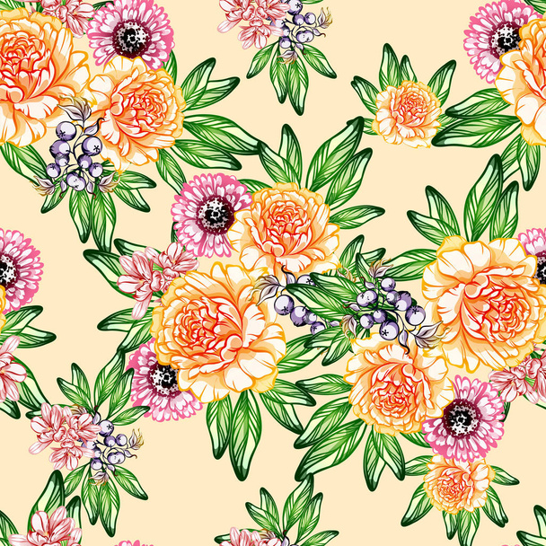 Seamless vintage style flower pattern. Floral elements in color - Vektor, Bild