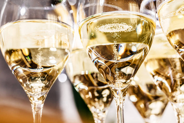 Champagne glasses close up, party background - Foto, imagen