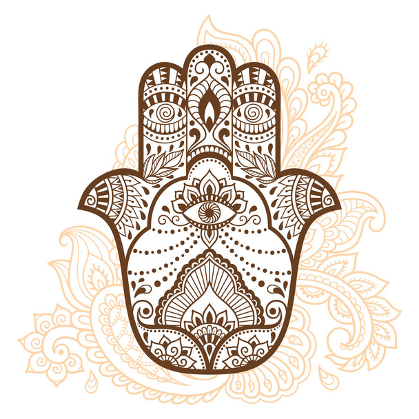 HAMSA hand getekend symbool met bloem. Decoratief patroon in oosterse stijl voor interieurdecoratie en henna tekeningen. Het oude teken van "Hand van Fatima". - Vector, afbeelding