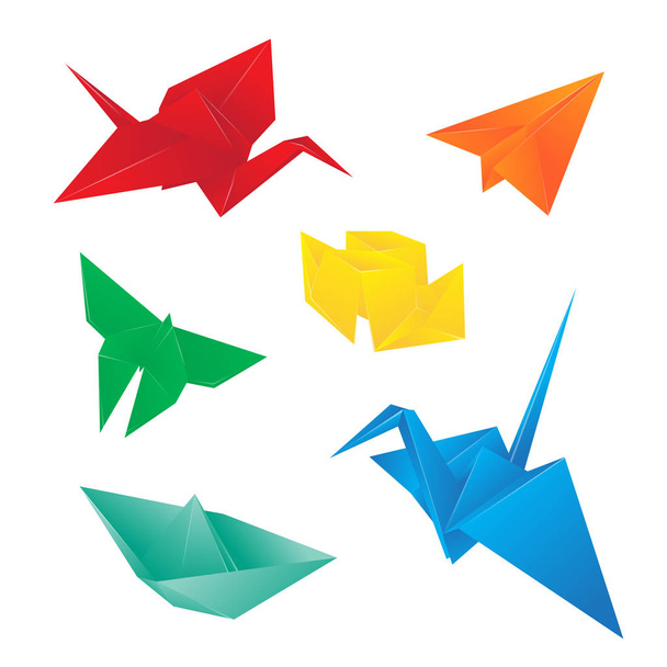 Origami-Vögel, Schmetterling, Papierflieger, Schiff. Vektor-Illustration isoliert auf weißem Hintergrund - Vektor, Bild