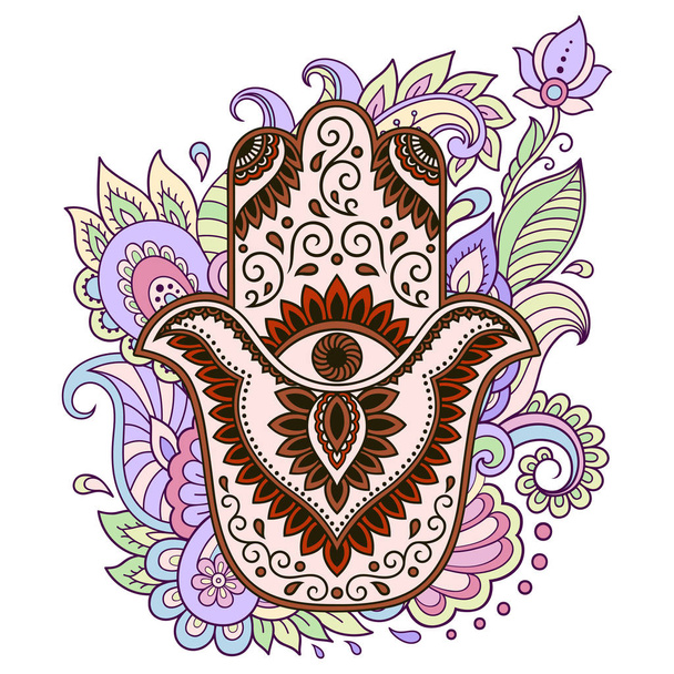Color Hamsa hand drawn symbol on flower ornament. Decorative pattern in oriental style for the interior decoration and henna drawings. The ancient sign of "Hand of Fatima". Print on t-shirt. - Vektor, obrázek
