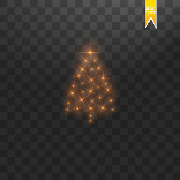 Christmas Tree made. Gold glitter bokeh lights and sparkles. Shining star, sun particles and sparks with lens flare effect on transparent background - Vector, Imagen