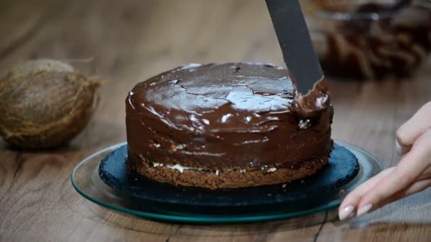 Chocolate ganache cake. Chefs hand spreading chocolate ganache glazed over torte. - Footage, Video