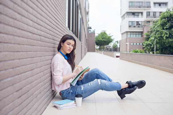 Smíšené rasy dospívající dívka sedí venku a dělat domácí úkoly - Fotografie, Obrázek