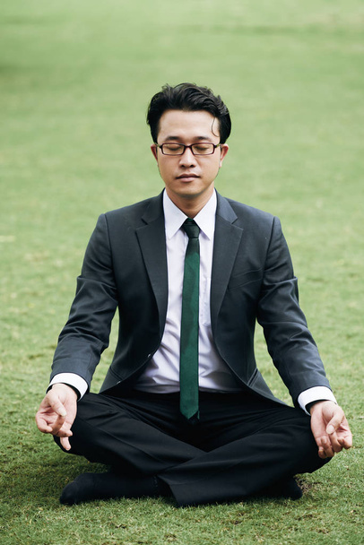 Retrato de hombre de negocios asiático en traje meditando sobre hierba verde en el parque
 - Foto, imagen