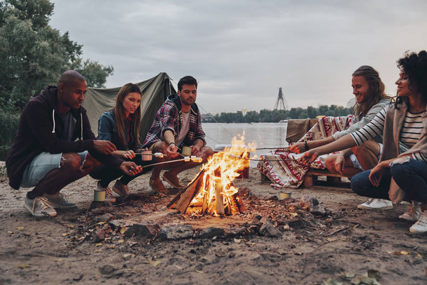 best friends roasting marshmallows over campfire while resting near lake - Valokuva, kuva
