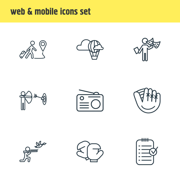 illustration of 9 hobby icons line style. Editable set of hot air balloon, radio, boxing and other icon elements. - Фото, зображення