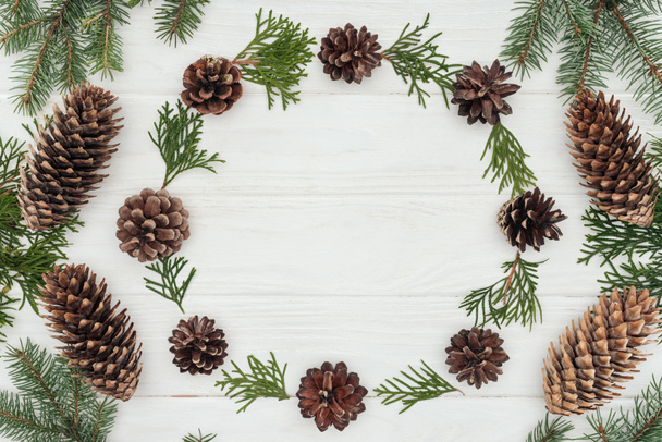 beautiful evergreen coniferous twigs and pine cones on white wooden background   - Fotografie, Obrázek