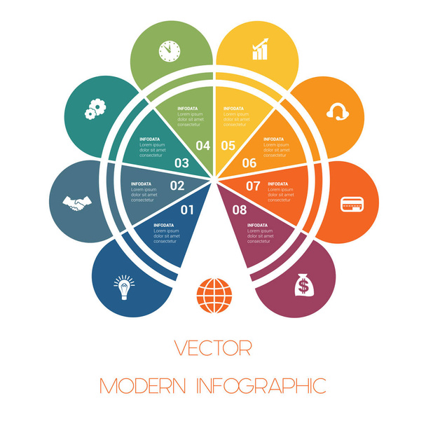 Modèle de demi-cercle coloré pour infographies avec zones de texte sur 8 huit positions
  - Vecteur, image