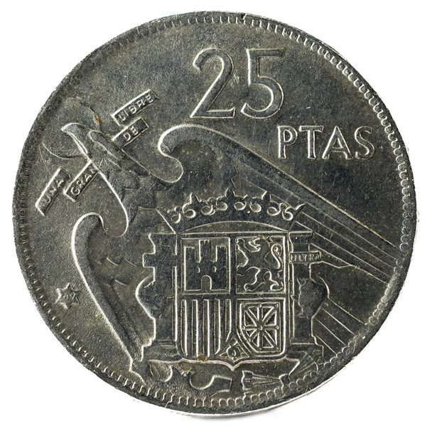 Старая испанская монета в 25 песет, Франсиско Франко. 1957 год, 69 лет в звезде. Обратный ход
. - Фото, изображение