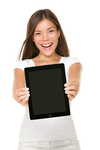 Woman showing tablet pc touchpad screen - Foto, imagen