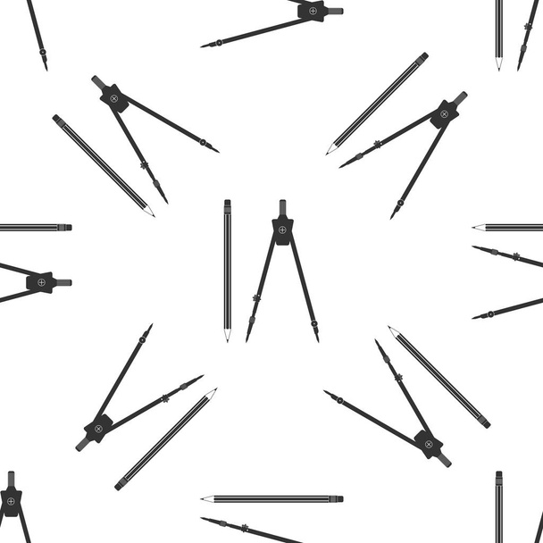 Zeichnung Kompass und Bleistift mit Radiergummi-Symbol nahtlose Muster auf weißem Hintergrund. Zeichen- und Lehrwerkzeuge. geometrische Ausrüstung. Schulamtssymbol. flache Bauweise. Vektorillustration - Vektor, Bild