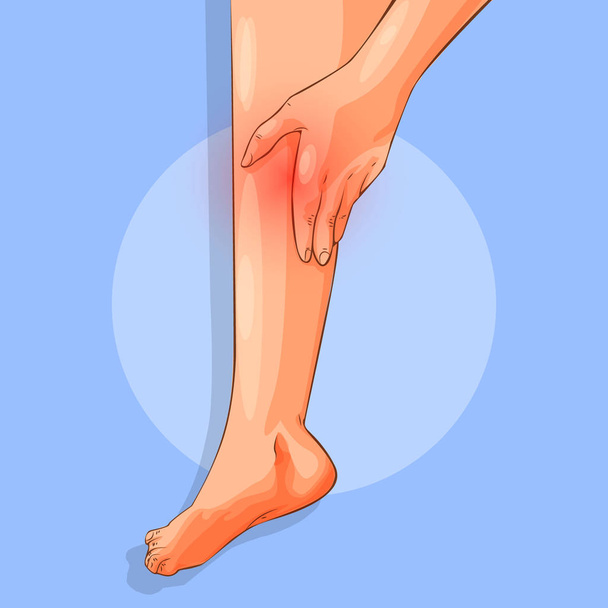 Стройные женские ноги, усталые сидя, вид сбоку. Женская рука касается лодыжки, пяточного сухожилия и ступни. Ходьба или высокие каблуки или мозоль повредили концепцию боли. Имитация красных элементов
. - Фото, изображение
