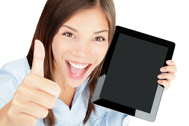Frau mit Tablet-Computer glücklich - Foto, Bild