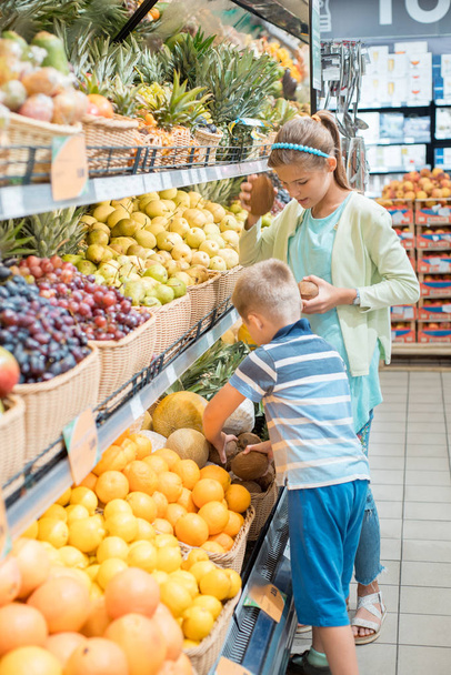 Little girl choosing pomegranates in a food store or a supermarket. Children pick out fruit. - Fotoğraf, Görsel