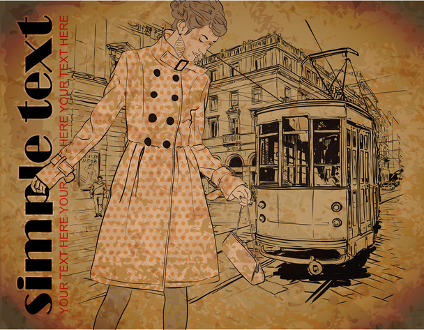 Vector illustration of a fashion girl and old tram. - Vektör, Görsel