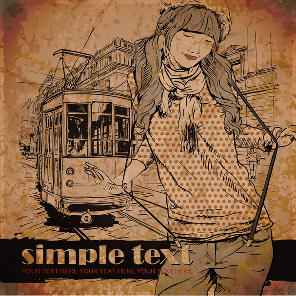 EPS10 vector illustration of a pretty fashion girl and old tram. Vintage style. Place for your text. - Vecteur, image