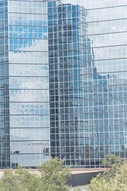典型的なガラスのツリー トップ背景、雲青空とファサードの建物はモダンなミラー ガラス壁に反映 - 写真・画像