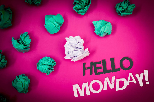 Writing note showing  Hello Monday Motivational Call. Business photo showcasing Positive Message for a new day Week Start Text Words pink background crumbled paper notes stress written angry. - Photo, Image