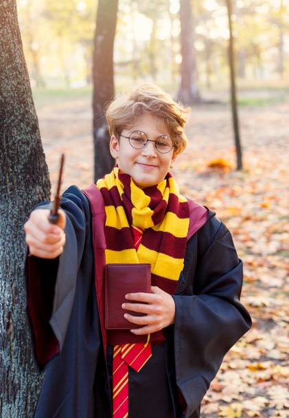 handsome boy in round glasses stands in the beautiful autumn park with gold leaves, holds wand in his hand, wears in  black suit and stripped scarf on the bokeh background. Halloween costume, cosplay - Photo, Image