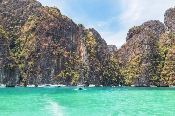 Landschaft Blick auf Pileh Bay ist blaue Lagune mit Kalksteinfelsen auf Phi Phi Insel im andamanischen Meer Krabi, Thailand. - Foto, Bild