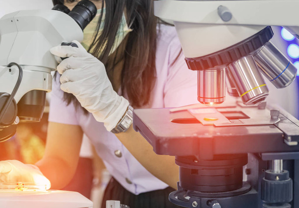 equipamento de microscópio para experimentos de pesquisa com mulher cientista olhando através de microscópio em laboratório de ciências
 - Foto, Imagem