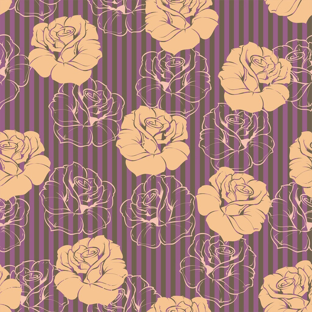 Seamless vector floral vintage pattern elegant pink rose background. Beautiful abstract texture with beige flowers and retro stripes wallpaper dark violet background - Vector, Image