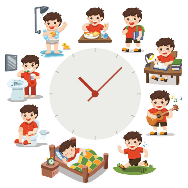 A Cute Boy in different situations. Daily routine with red simple watches. Day time. Isolated on white background. - Vector, Image