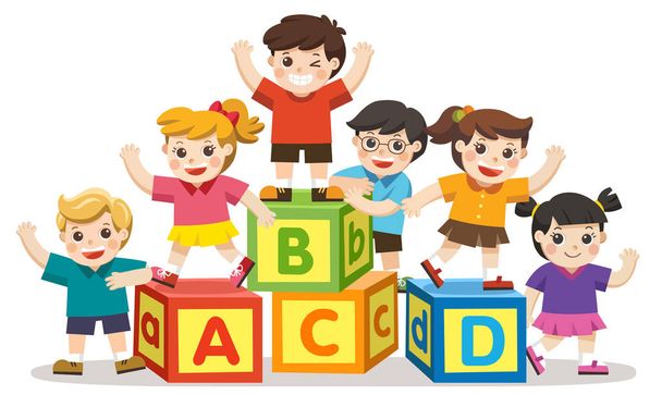 De volta à escola. Crianças da escola feliz com blocos de alfabeto
. - Vetor, Imagem