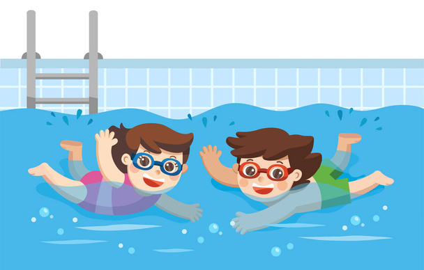 Vrolijke en actieve kleine jongen en meisje zwemmen in het zwembad. - Vector, afbeelding