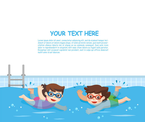 Wesoły i aktywny mały chłopiec i dziewczyna pływanie w basenie. Szablon dla broszury reklamowe. - Wektor, obraz