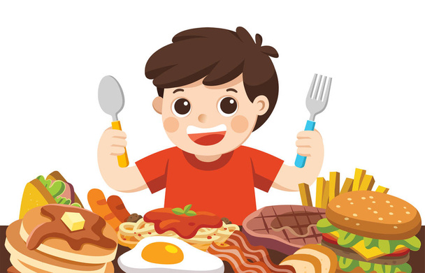 A Boy with spoon and fork going to eat Foods. - Vector, Image