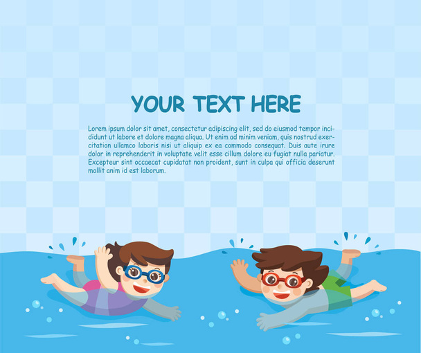 Cheerful and active little Boy and Girl swimming in the swimming pool. Template for advertising brochure. - Vector, Image