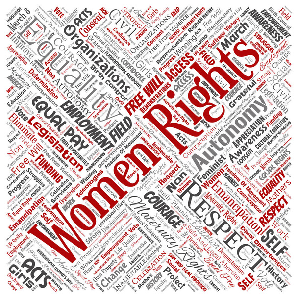 Vektoros fogalmi nők jogaik, egyenlőségük, szabad akarat szögletes piros szó felhő elszigetelt háttér. Kollázs a feminizmus, felhatalmazása, integritás, lehetőségek, tudatosság, bátorság, oktatás, tiszteletben tartják a koncepció - Vektor, kép