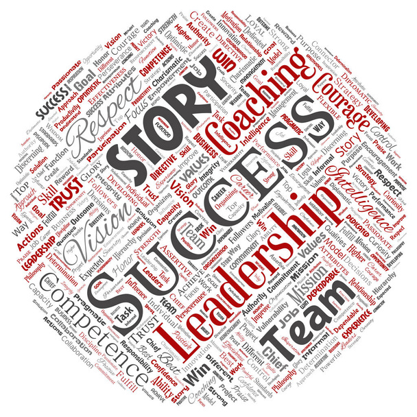 Vector conceptual business leadership strategy, management value round circle red word cloud isolated background. Collage of success, achievement, responsibility, intelligence authority or competence - Vector, Image