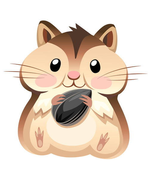 Cute hamster sit and holding a sunflower seed. Cartoon character design. Flat vector illustration isolated on white background. - Vector, Image