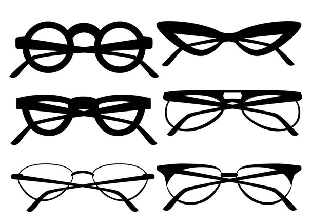 Set of black and white glasses. Collection of six cartoon glasses with transparent white glass. Flat vector illustration isolated on white background. - Vector, Image