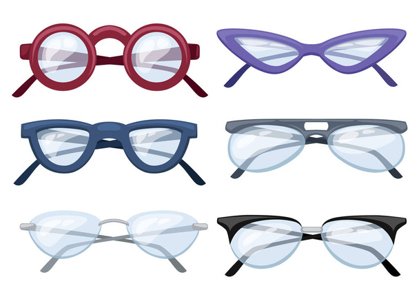 Set of colorful glasses. Collection of six cartoon glasses. Flat vector illustration isolated on white background. - Vector, Image