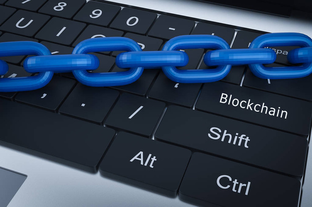 Blockchain Technology konsepti 3d tekee sininen ketju tietokoneella
 - Valokuva, kuva