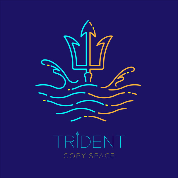 Trident, το κύμα και το νερό splash, λογότυπο εικονίδιο περίγραμμα πινελιάς οριστεί παύλα γραμμή σχεδιασμό εικονογράφηση απομονώνονται σε σκούρο μπλε φόντο με τρίαινα κειμένου και αντιγραφή χώρο - Διάνυσμα, εικόνα