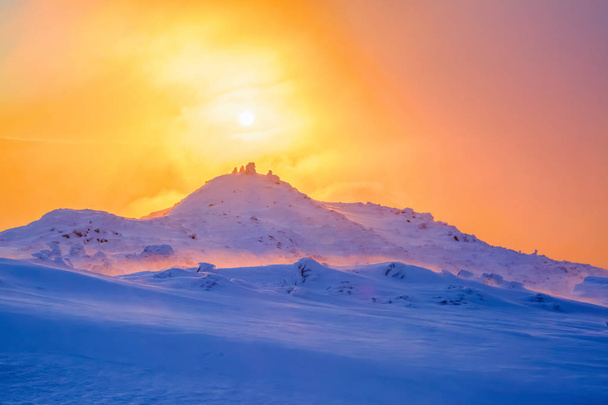 Sunrise enlightens sky, mountain and trees standing in snowdrifts covered by frozen snow with yellow shine. - Foto, immagini