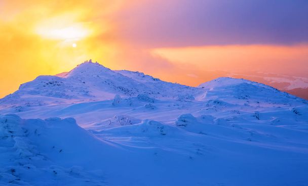 Sunrise enlightens sky, mountain and trees standing in snowdrifts covered by frozen snow with yellow shine. - Fotografie, Obrázek