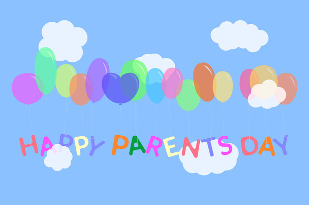 Векторная иллюстрация счастливого родительского дня. Разноцветные буквы, привязанные к разноцветным воздушным шарам, летящим в небе с облаками
. - Вектор,изображение
