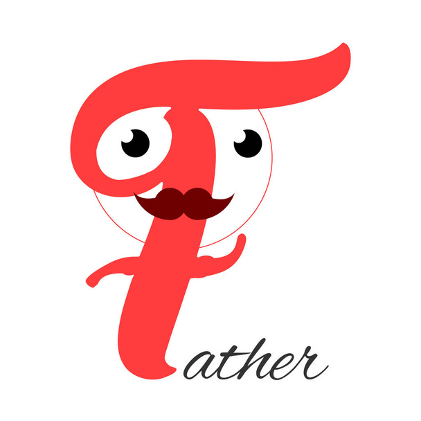 stilisierter Vater formte Logo-Buchstabe. Zeichentrickfigur mit Waffen und Schnurrbart auf weißem Hintergrund. lustige Vektor-Abbildung - Vektor, Bild