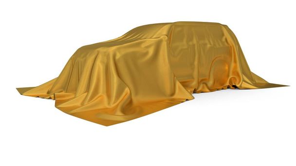 gouden zijde bedekt concept van de auto van de Suv. 3D illustratie - Foto, afbeelding